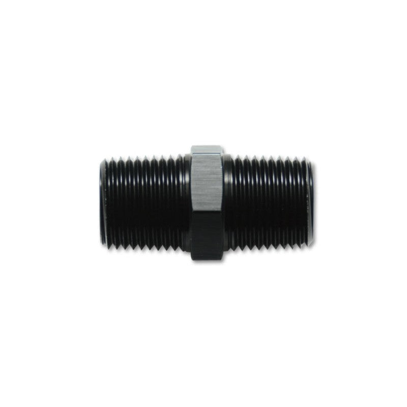Black anodized 6061 aluminum 1/4 inch NPT to 1/4 inch NPT straight union pipe adapter fitting by Vibrant Performance