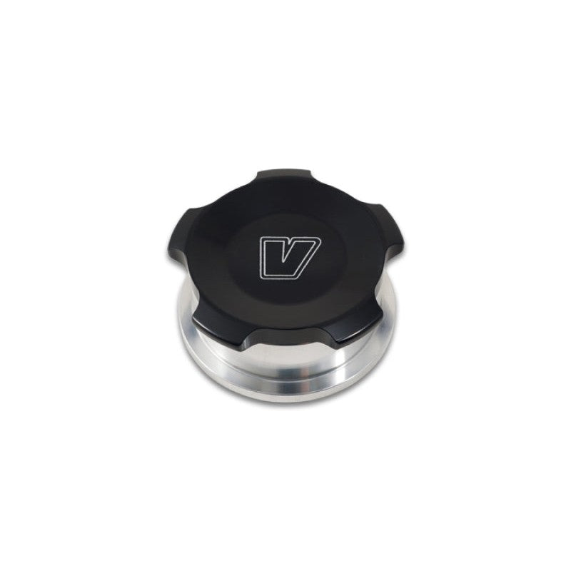 1.5 inch OD 6061 aluminum weld-on tank bung with a black anodized knurled threaded cap and sealing O-ring.