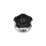 1.5 inch OD 6061 aluminum weld-on tank bung with a black anodized knurled threaded cap and sealing O-ring.