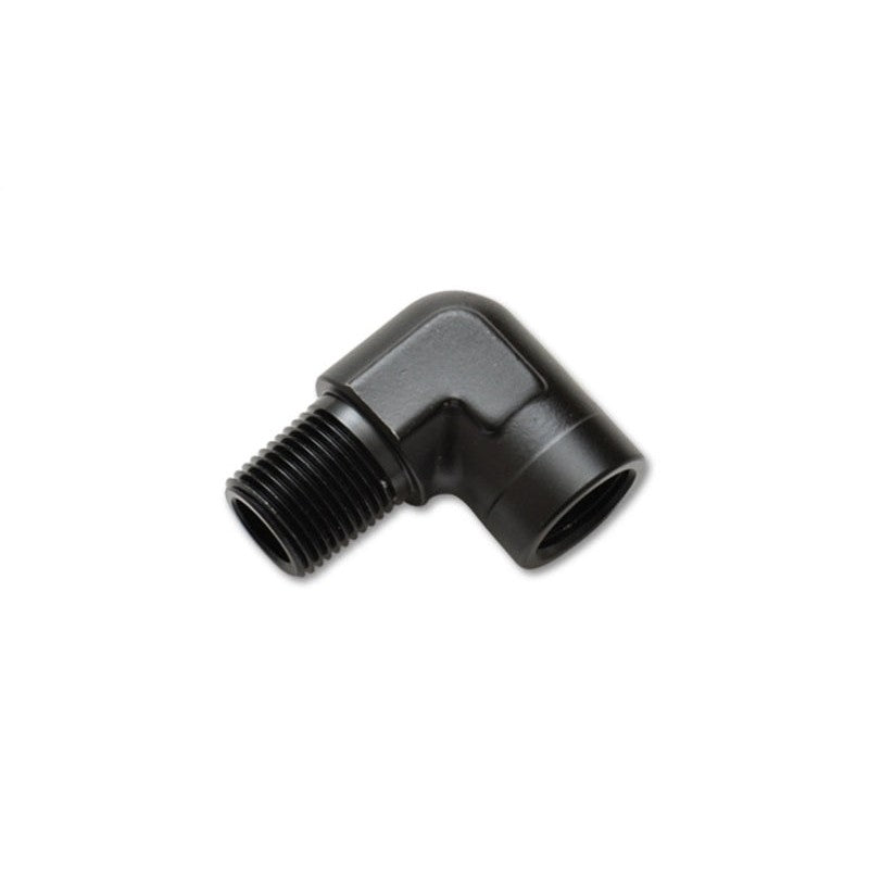 Black anodized 6061 aluminum 90-degree elbow fitting with 1/8-inch NPT male and female threads.