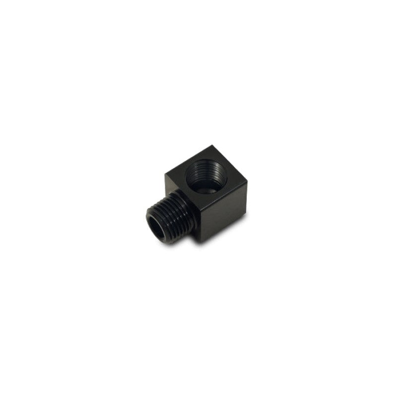 Vibrant 10825 black anodized aluminum 90-degree adapter fitting with 1/8 inch NPT male and female threads.