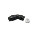 Black hard anodized 45-degree -16 AN PTFE hose end fitting with a silver aluminum compression olive.