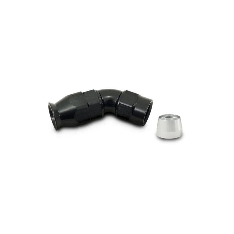 Black hard anodized 45-degree -16 AN PTFE hose end fitting with a silver aluminum compression olive.
