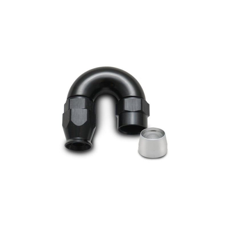 Black hard anodized Vibrant 28810 180-degree -10AN high flow hose end fitting for PTFE-lined hose.
