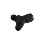 Black anodized 6061 aluminum Y-adapter fitting with one -10AN female port and two -8AN male ports.
