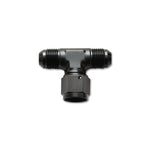 Black anodized 6061 aluminum -10AN tee adapter fitting with a female swivel side port.