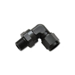 Black anodized 6061 aluminum 90-degree adapter fitting with -10AN female swivel and 1/2 inch NPT male ends.