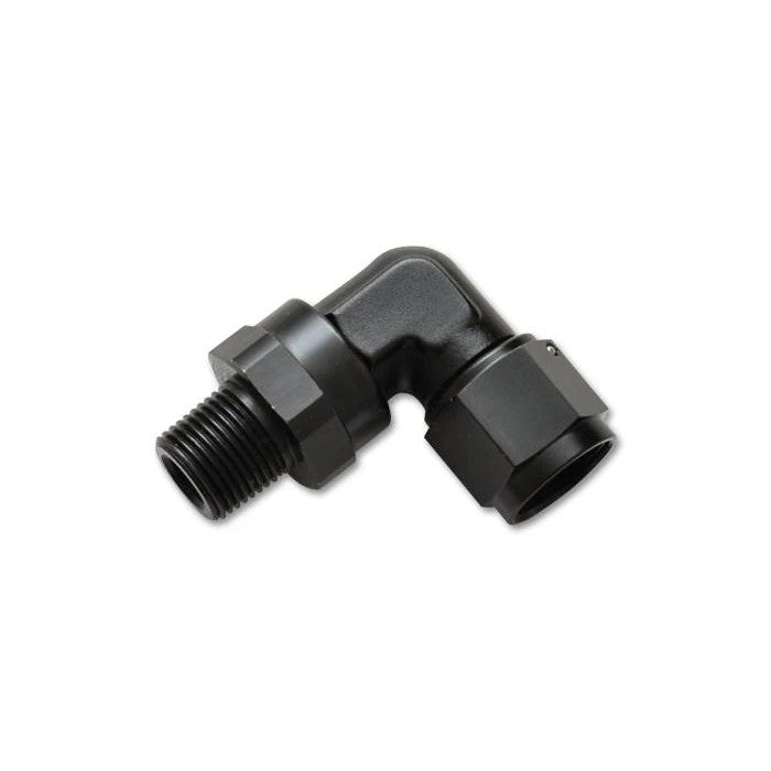Black anodized 6061 aluminum 90-degree adapter fitting with -10AN female swivel and 1/2 inch NPT male ends.