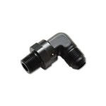 Vibrant Performance black anodized 6061 aluminum -10AN to 1/2 inch NPT male 90-degree swivel adapter fitting.