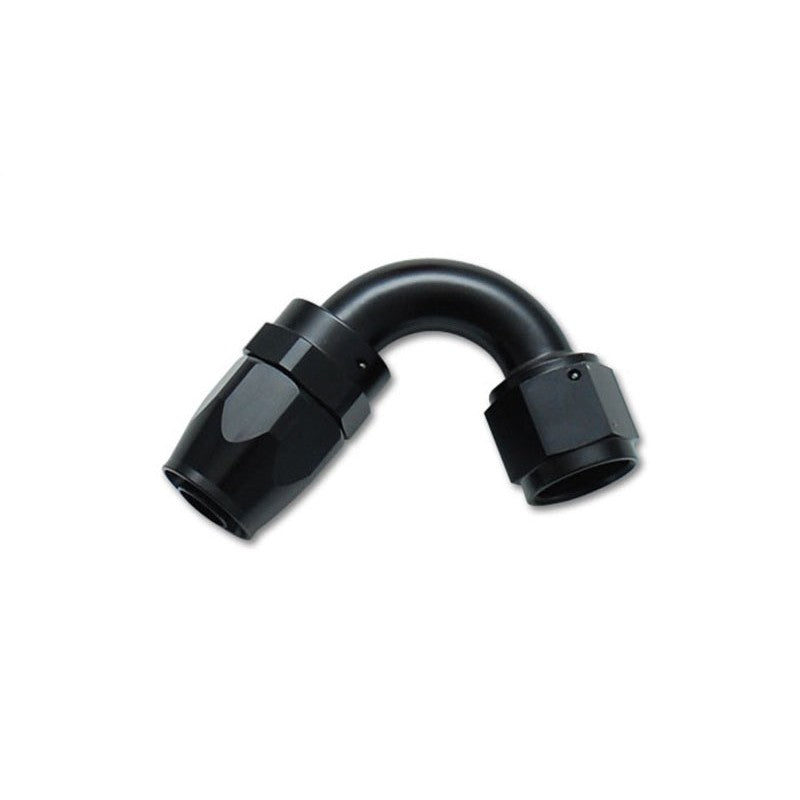 Black hard-anodized -12AN 120-degree swivel-style hose end fitting made of 6061 aluminum alloy