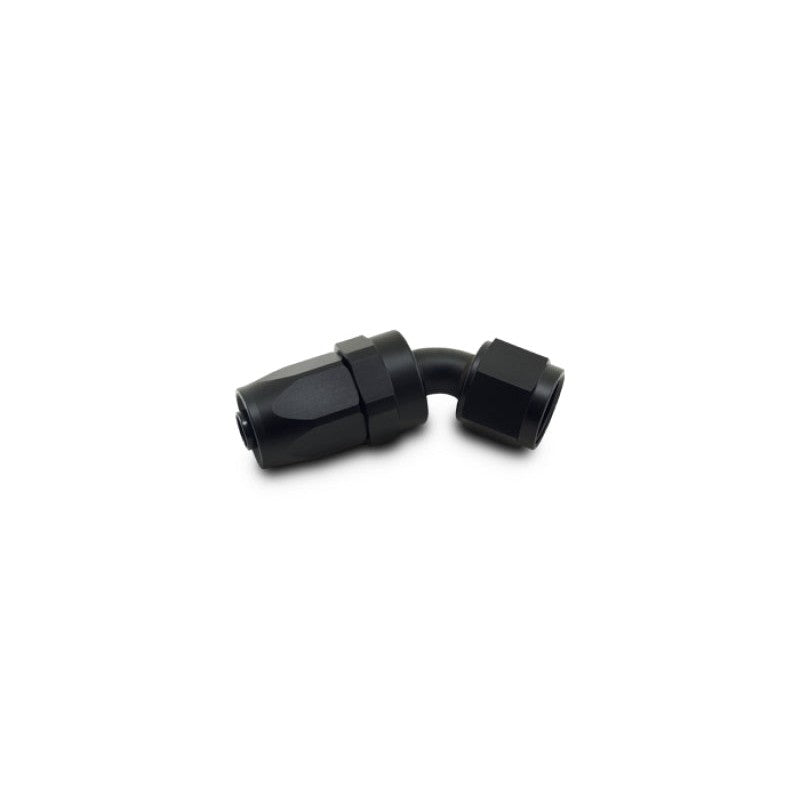 Black hard-anodized 6061 aluminum -12AN 45 degree swivel-style elbow hose end fitting.