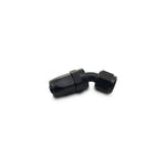 Black hard-anodized 6061 aluminum -12AN 45 degree swivel-style elbow hose end fitting.