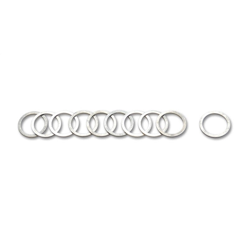 Set of ten Vibrant Performance -12AN silver aluminum crush washers for automotive plumbing fittings.