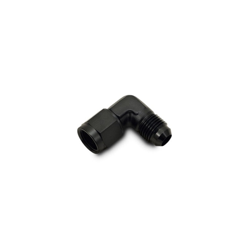 Black anodized 6061 aluminum -12AN female to -12AN male 90-degree swivel adapter fitting.