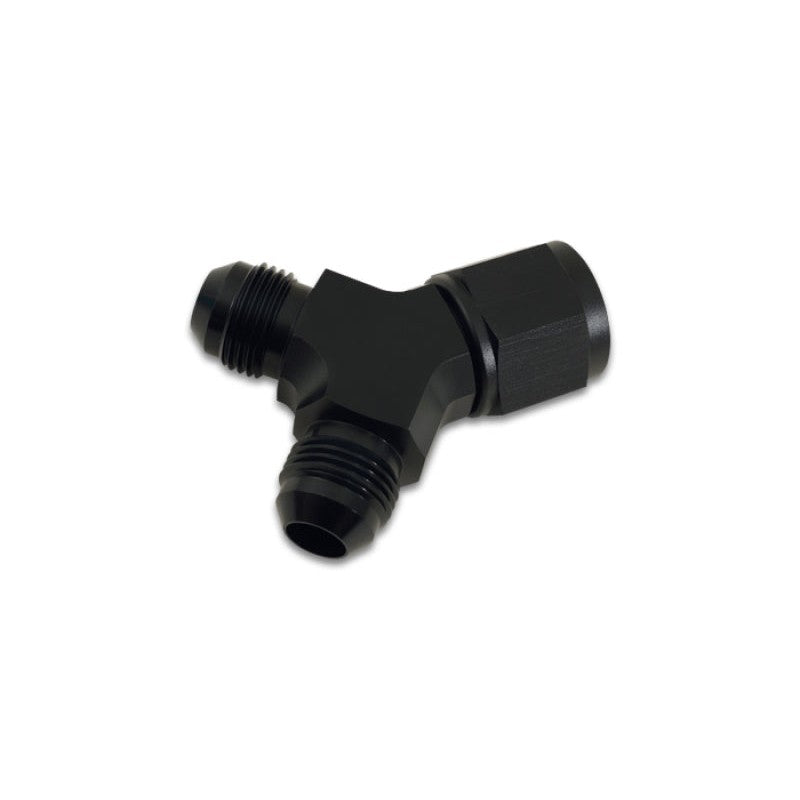 Black anodized 6061 aluminum Y-adapter fitting featuring one -12AN female port and two -10AN male ports.