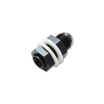 Black double anodized -12AN fuel cell bulkhead adapter fitting with two white PTFE crush washers and mounting nut.