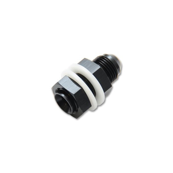 Black double anodized -12AN fuel cell bulkhead adapter fitting with two white PTFE crush washers and mounting nut.