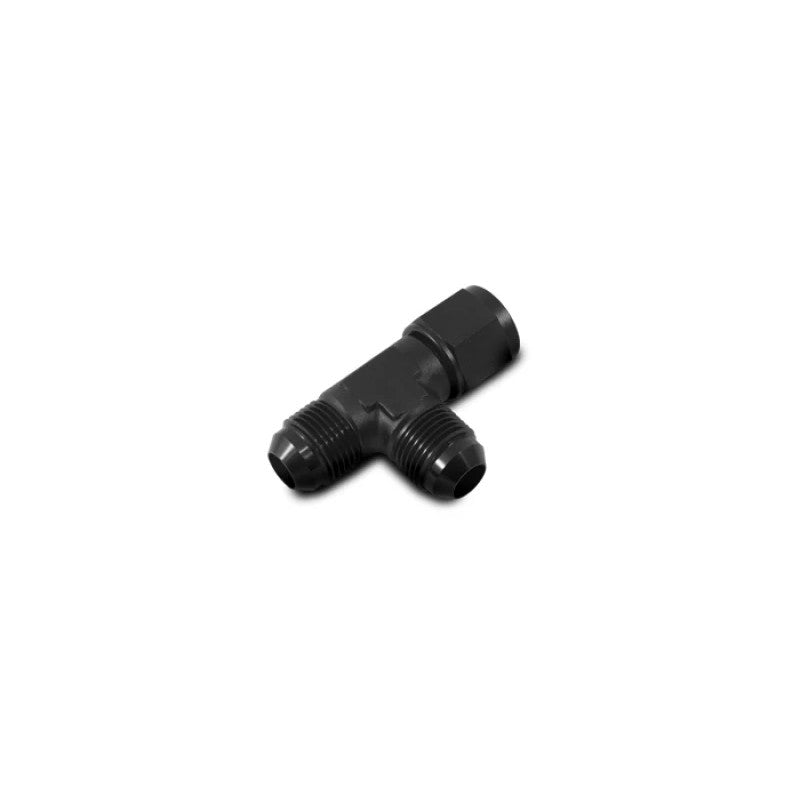 Black anodized 6061 aluminum -16AN tee adapter fitting with female swivel side.