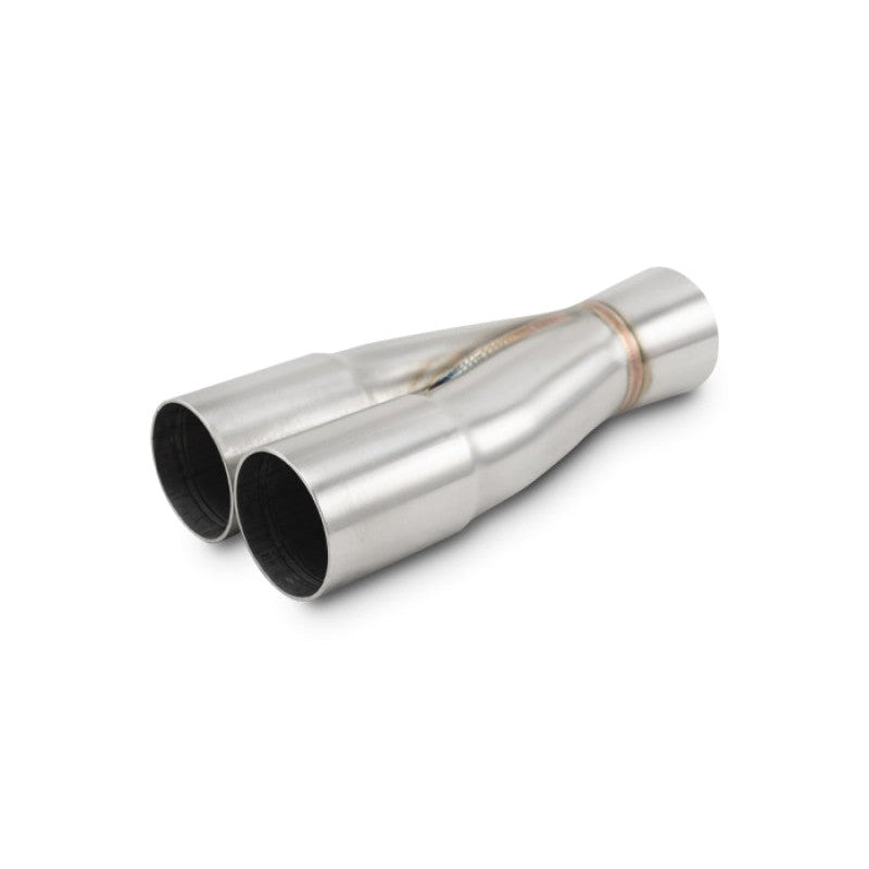 TIG-welded T304 stainless steel 2-into-1 merge collector showing dual slipover inlets and single outlet.