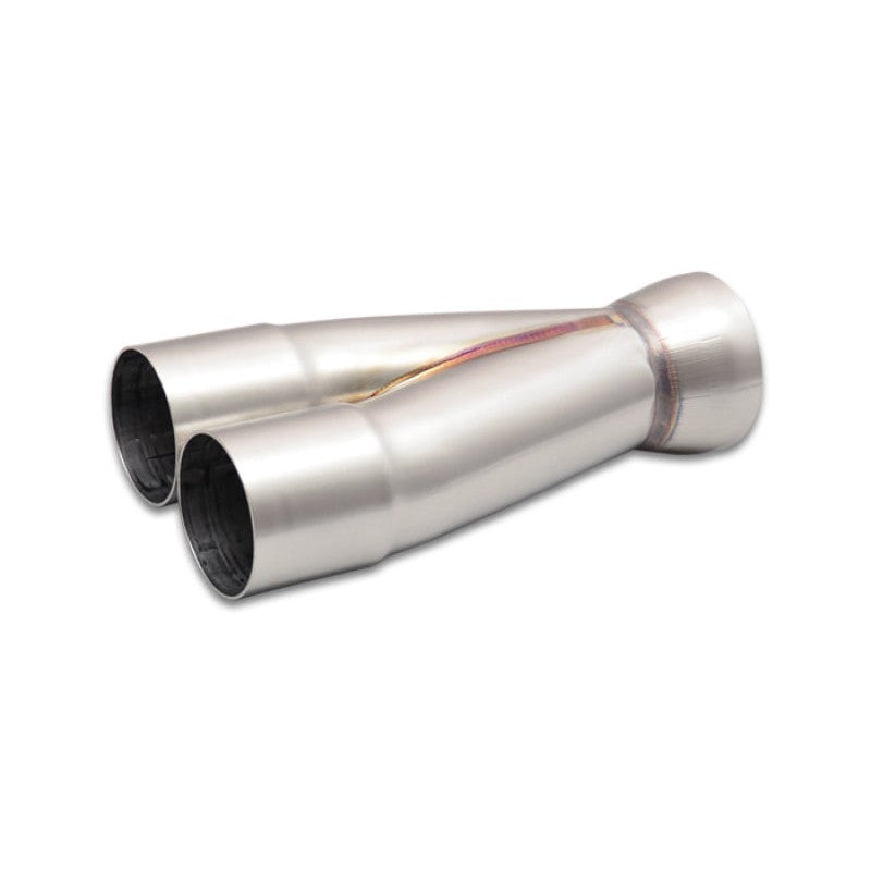 TIG-welded 304 stainless steel 2-into-1 merge collector with 2 inch slipover inlets and 2.5 inch outlet.