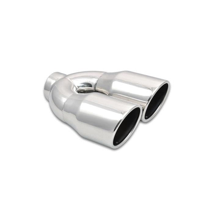 Polished 304 stainless steel dual round exhaust tip with single wall angle cut and 2.5 inch inlet