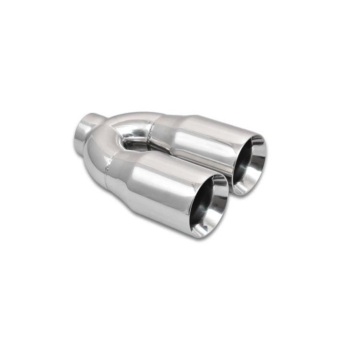 Polished T304 stainless steel dual exhaust tip featuring a 2.5 inch inlet and double-wall straight-cut 3.5 inch outlets.