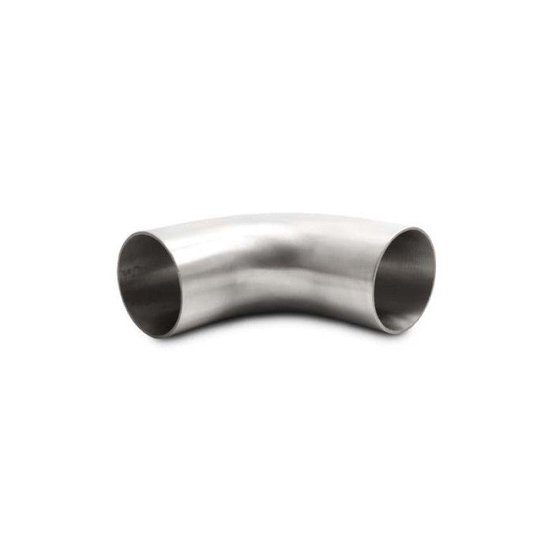 2.5 inch OD 90 degree T304 stainless steel mandrel bend with brushed finish and 4.13 inch tangent leg