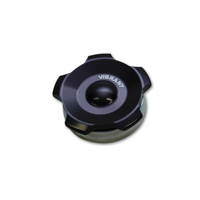 Vibrant Performance 2.75 inch OD 6061 aluminum weld bung with black anodized threaded cap and sealing O-ring.