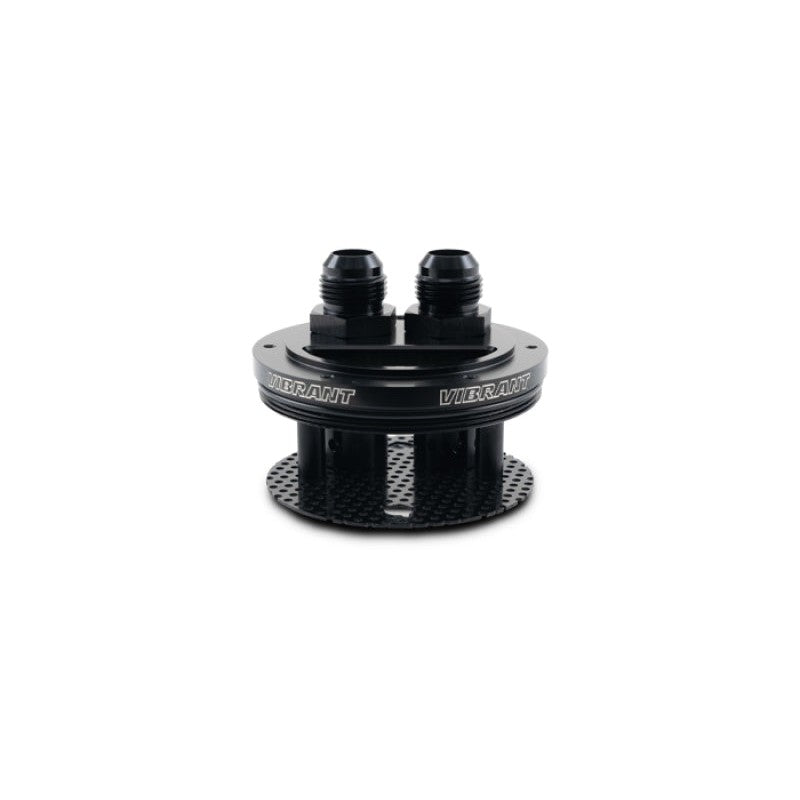 Vibrant Performance Gen3 2-port thread-on catch can lid assembly with two -12 AN fittings and filter barrels.