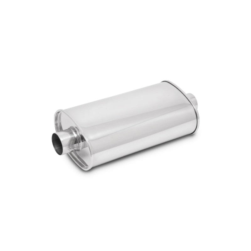 Vibrant StreetPower 1100 polished 304 stainless steel oval muffler with 2-inch center-center inlet and outlet.