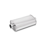 Vibrant StreetPower 1100 polished 304 stainless steel oval muffler with 2-inch center-center inlet and outlet.