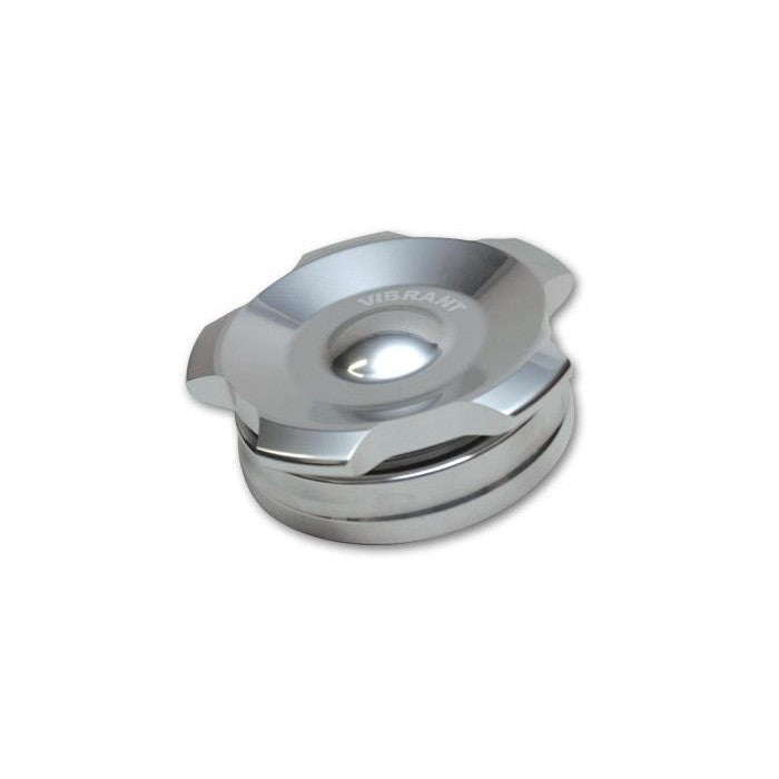 Vibrant 11290 2-inch OD 6061 aluminum weld bung with a polished aluminum threaded cap and rubber O-ring.