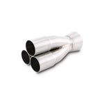 Stainless steel 3-into-1 TIG welded merge collector with three 1.50-inch inlets and one 2-inch outlet.