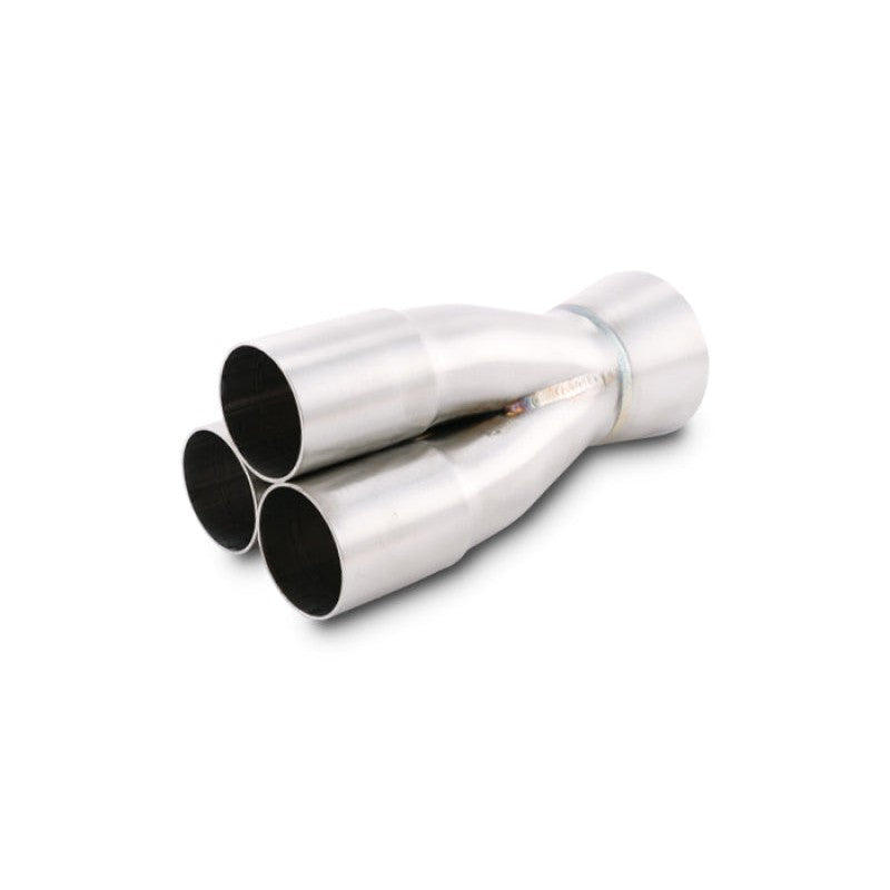Stainless steel 3-into-1 TIG welded merge collector with three 1.50-inch inlets and one 2-inch outlet.
