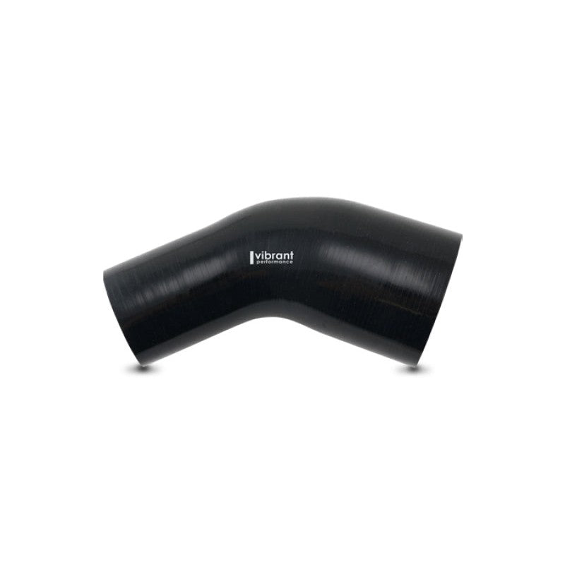 Gloss black 45-degree aramid reinforced silicone transition elbow with 3.50 inch and 3.25 inch inner diameters
