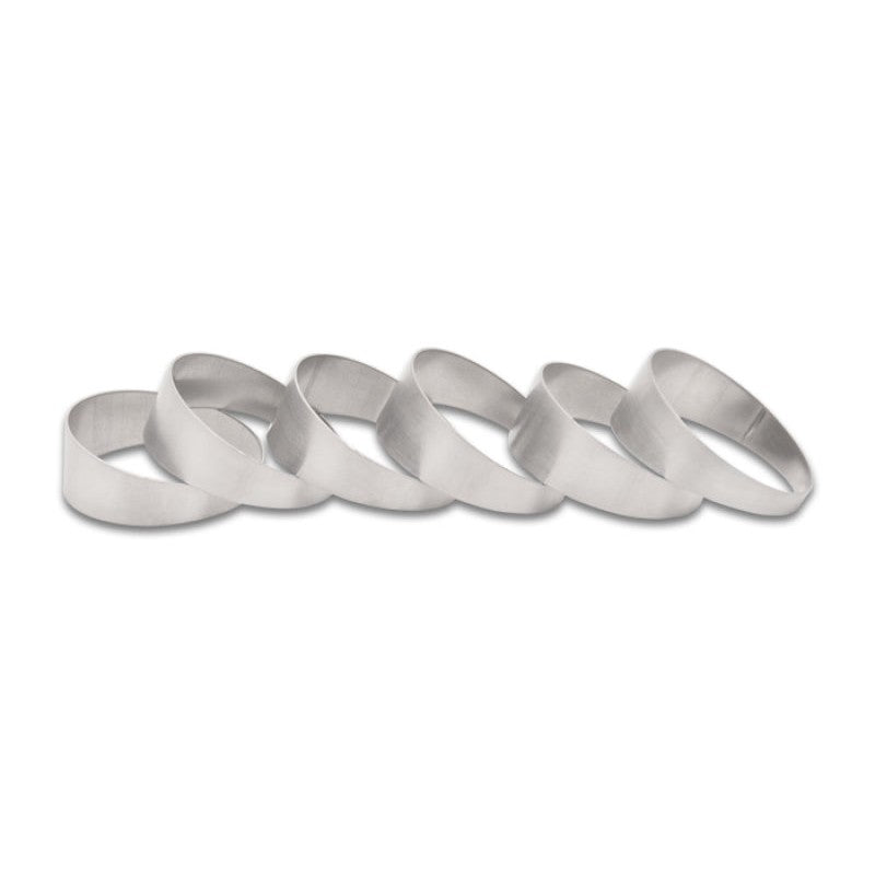 Set of six 3.5 inch T304 stainless steel pie cuts for custom performance exhaust fabrication.