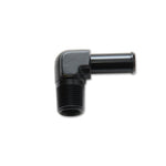 Black anodized 6061 aluminum 90-degree adapter fitting with 3/8 inch male NPT threads and a 1/2 inch hose barb.