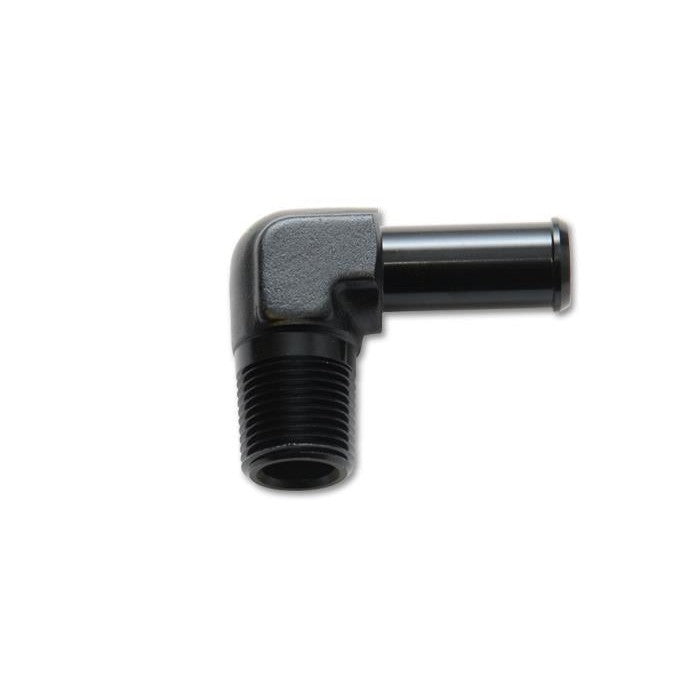 Black anodized 6061 aluminum 90-degree adapter fitting with 3/8 inch male NPT threads and a 1/2 inch hose barb.