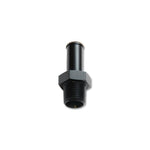 Black anodized 6061 aluminum straight adapter fitting with 3/8 inch NPT threads and 3/8 inch hose barb