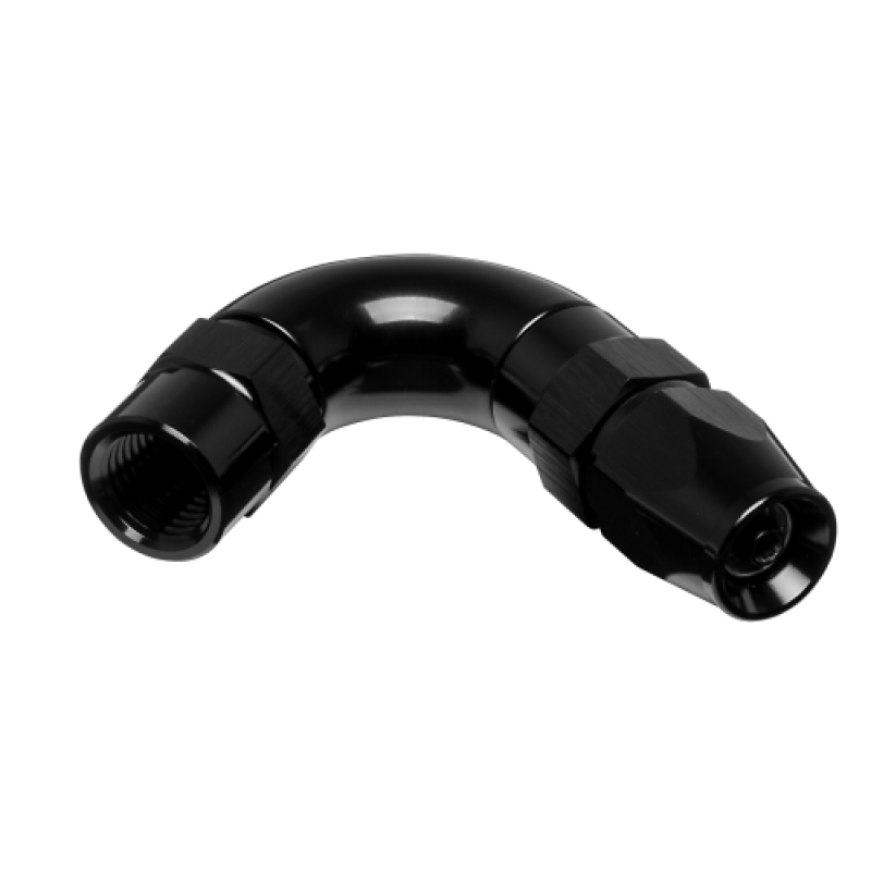 Vibrant 120-degree aluminum -3AN hose end fitting for PTFE-lined hoses showing high-flow mandrel bend.