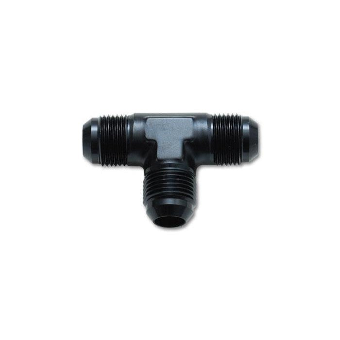 Black anodized 6061 aluminum -3AN male flare tee adapter fitting, Vibrant Performance part 10480.