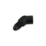 Black anodized 6061 aluminum 45-degree adapter fitting with -3AN male flare and 1/8 inch NPT female threads.