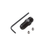 Vibrant Performance 10288 oil restrictor fitting with -3AN and 1/8 inch NPT ends and two threaded restrictor jets.