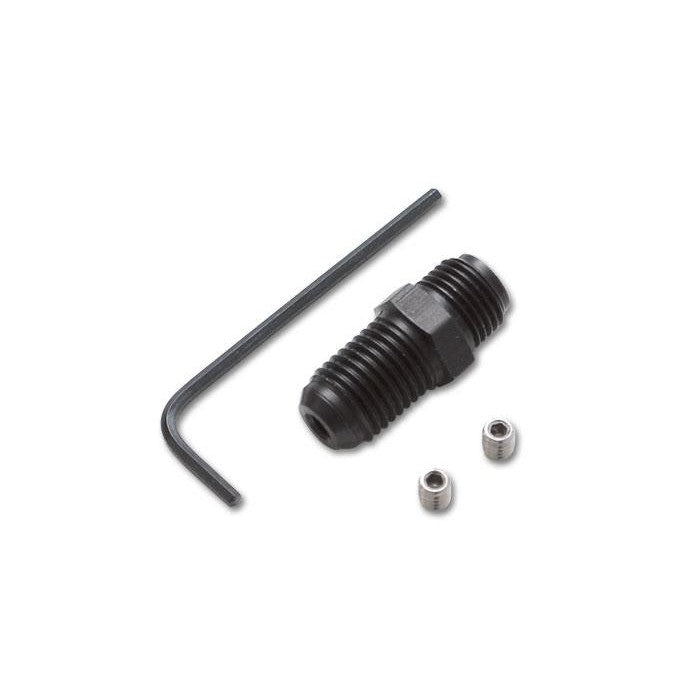 Vibrant Performance 10288 oil restrictor fitting with -3AN and 1/8 inch NPT ends and two threaded restrictor jets.