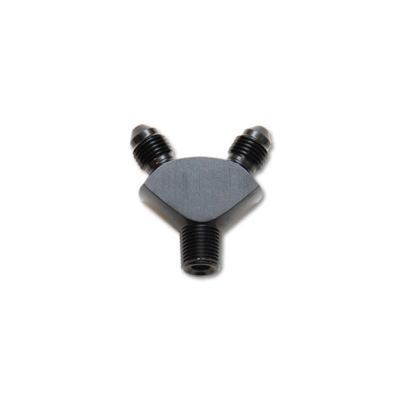 Vibrant Performance 6061 aluminum Y-adapter fitting with two -3AN male flares and one 1/8in NPT male thread.