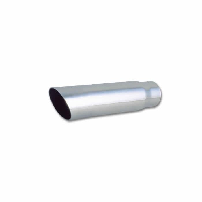 Polished T304 stainless steel 3-inch round exhaust tip with single wall angle cut and 2.25-inch inlet.
