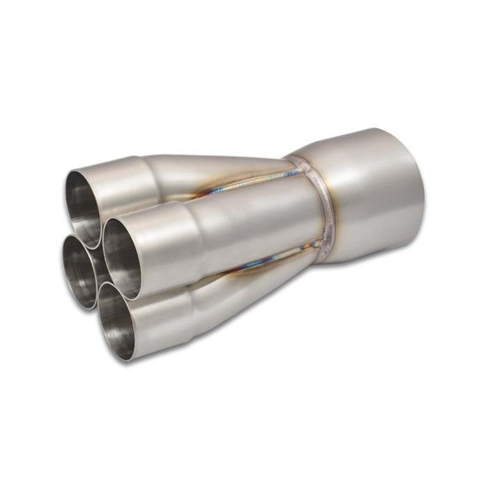 Vibrant Performance 10317 4-to-1 stainless steel merge collector showing 2.25 inch slipover inlets and 4 inch outlet.