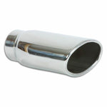 Polished T304 stainless steel oval exhaust tip with angle cut rolled edge and weld-on inlet.