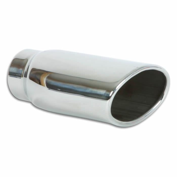Polished T304 stainless steel oval exhaust tip with angle cut rolled edge and weld-on inlet.