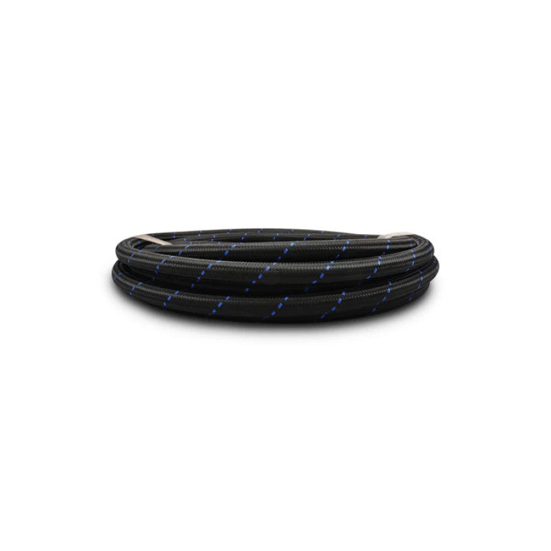 Vibrant Performance 10-foot roll of -4 AN two-tone black and blue nylon braided flex hose with CPE rubber liner.
